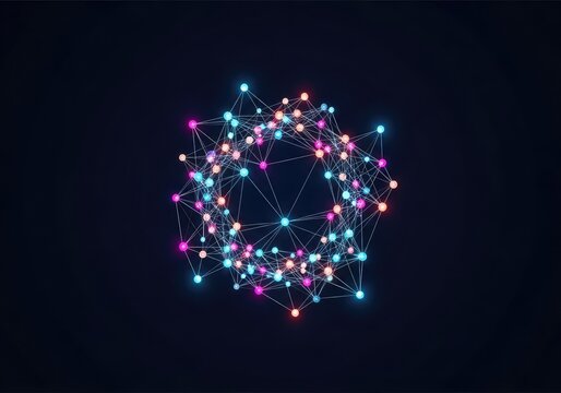 Intricate scientific illustration of a glowing molecule network with interconnected spheres and lines over a dark navy blue background, molecular, link, pharmacy