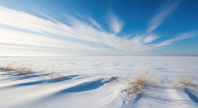 Pristine white snow covers a rolling winter field under a vibrant blue sky filled with soft white clouds, creating a peaceful scene, scenic, ice, fluffy