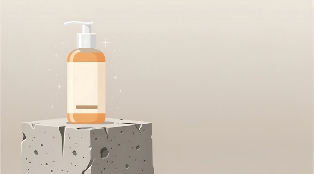 Cosmetic Skincare Pump Bottle Product Mockup on Stone Pedestal with Sparkle Background Illustration
