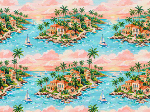 Seamless watercolor tropical island pattern with coastal village houses, palm trees, and sailboats on ocean background