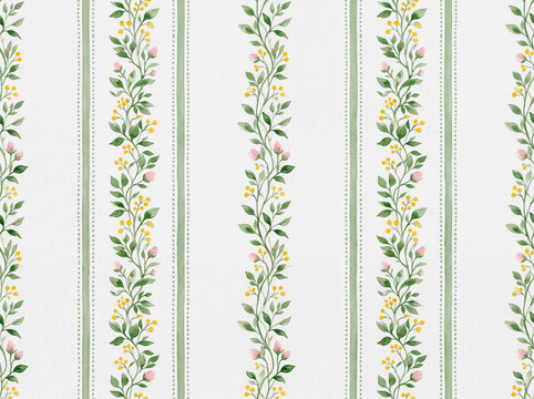 Seamless watercolor botanical pattern with vine stripes, leaf garlands, and small pink flowers on light background
