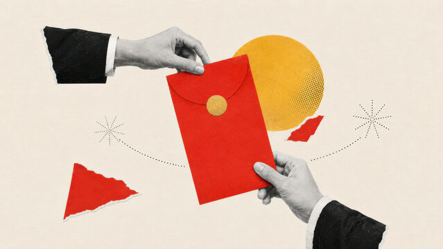 Two hands in suits passing a red envelope sealed with a gold coin in front of a golden circle in a paper collage for chinese new year