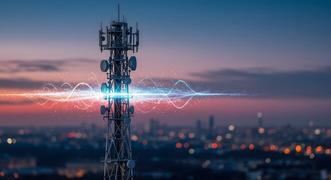 Cellular Tower Station Emitting Energy Signals at Dusk