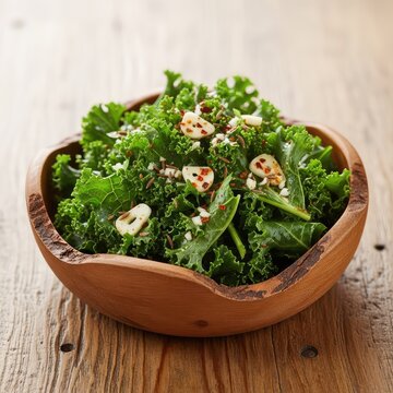 Vibrant green kale salad with minced garlic and aromatic spices served in a rustic wooden bowl resting on a textured wooden table surface, wooden, vegetable, organic