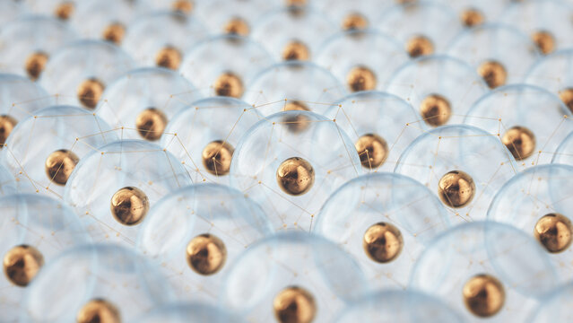 Dense array of transparent domes with gold spheres and wireframe lattice