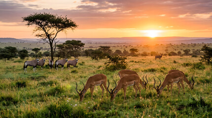 Naklejka premium Majestic Wildlife Sunset Scene with Giraffes and Zebras in African Savanna