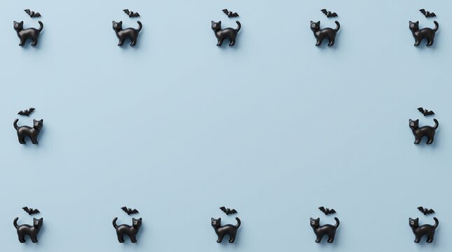 Black cat and small bat figurines arranged in a symmetrical frame pattern on a solid light blue background representing a spooky festive Halloween holiday celebration