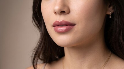Fototapeta premium Close up portrait of woman with glossy pink lipstick and freckles