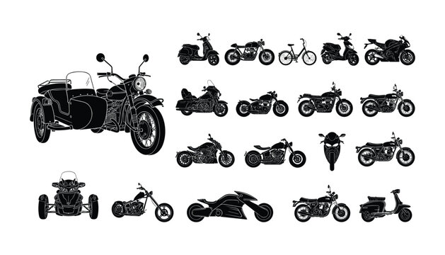 Motorcycle and Scooter Black Silhouette Icon Set Featuring Choppers, Cruisers, Sport Bikes, Sidecars, and Trikes for Transport, Club Graphics, and Garage Logo Designs
