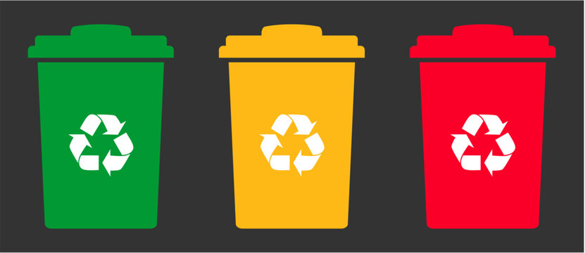Set of green yellow red recycle trash bin vector illustration isolated on dark background