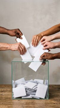 Diverse hands casting vote ballots into ballot box for election and democracy concept