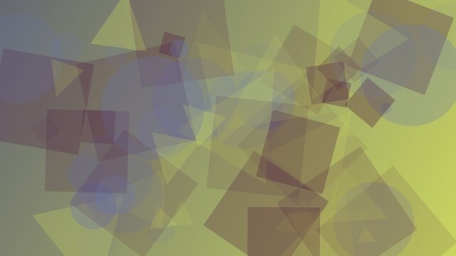 Abstract geometric background with overlapping circles, squares and triangles in olive green and purple