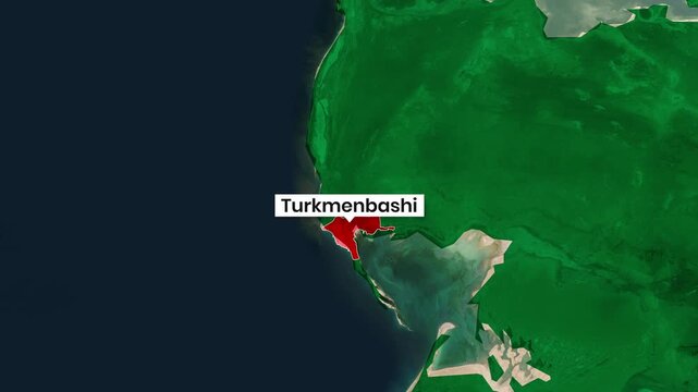 Satellite map animation highlighting the city of Turkmenbashi in Turkmenistan video