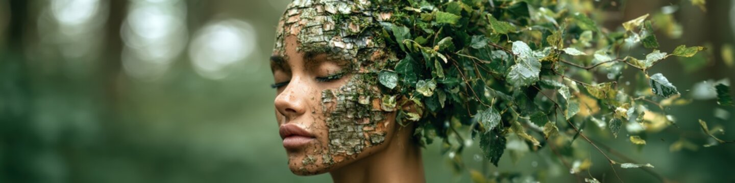 Human face profile with skin textured like ancient silver birch bark dissolving gracefully into flying green leaves with forest background on left.