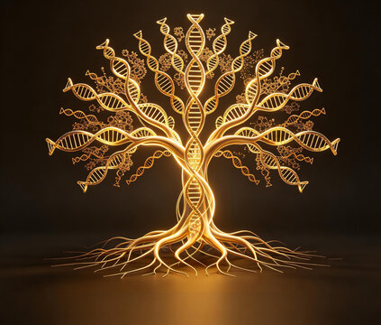 Luminous Golden DNA Tree of Life with Root System, Genetic Science and Biotechnology Concept 3D Visualization