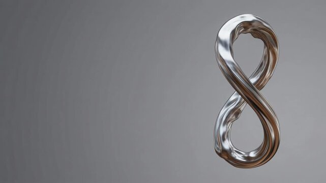 Shiny metallic infinity symbol looping on a clean dark grey background metallic shape chrome