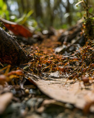 Naklejka premium Swarm of Army Ants Crosses a Jungle Pathway Covered with Leaves and Twigs