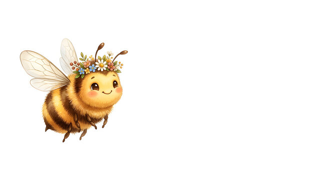 A delightful cute honeybee wearing a tiny crown made of miniature flowers, cheerful expression, soft rounded body and delicate wings, whimsical botanical character design, pure solid white background,