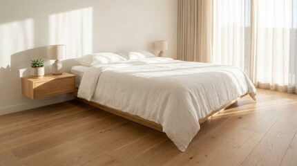 Obraz premium Modern Sunlit Bedroom with Floating Wooden Bed Frame and White Linen Bedding