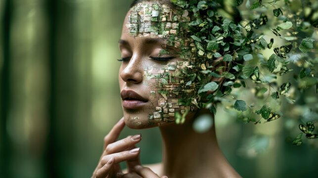 Human face profile with skin textured like ancient silver birch bark dissolving gracefully into flying green leaves with forest background on left.
