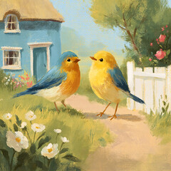Obraz premium Two bluebirds standing on a garden path with white flowers and a picket fence, a cozy cottage in the background