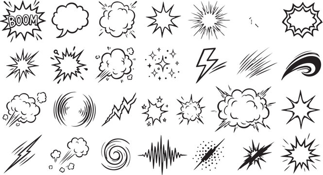 Comic book sound effects and explosion graphics vector pack.