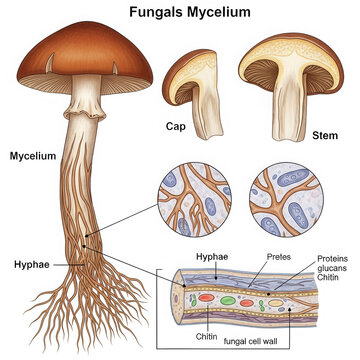 Educational diagram showing anatomy and structure of mushroom isolated on transparent background