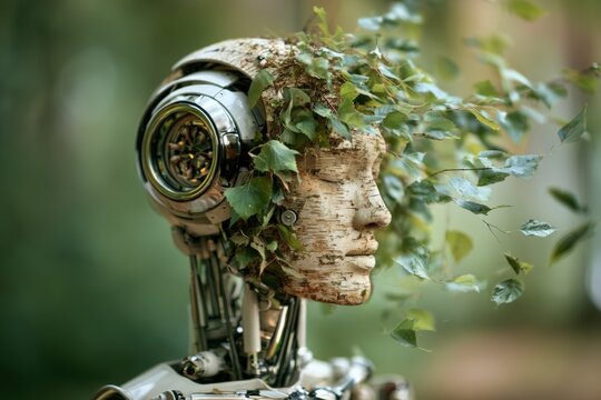 Human face profile with skin textured like ancient silver birch bark dissolving gracefully into flying green leaves with forest background on left.