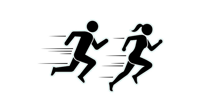 Running male and female stick figure characters displayed as a clean black vector illustration