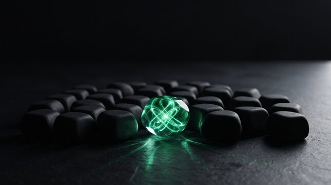 A central glowing green orb radiates light through a formation of dark, angular stones on a black surface.