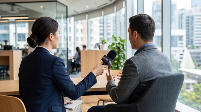 Female journalist interviewing business executive in modern corporate office setting holding microphone with city view professional media reporting and news broadcasting