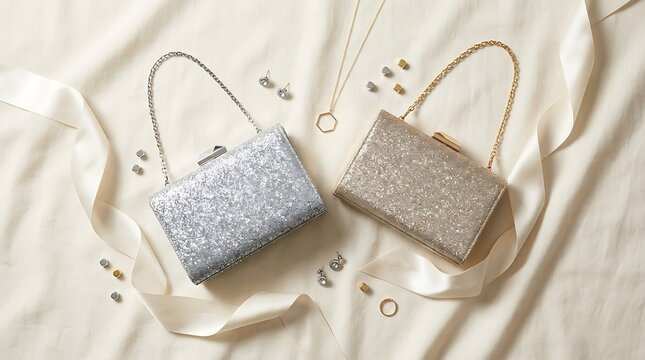 Two elegant grey luxury handbags with metallic handles placed on a textured surface. glittery handbag designs
