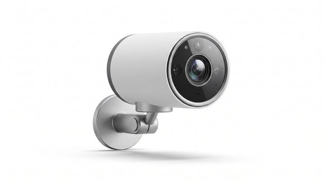 AI security camera product isolated on white background, smart surveillance technology for home protection, business monitoring, artificial intelligence, privacy and modern security