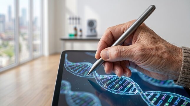 Senior researcher hand using a digital stylus on a tablet displaying a glowing 3D DNA double helix, advanced biotechnology and genetic research concept