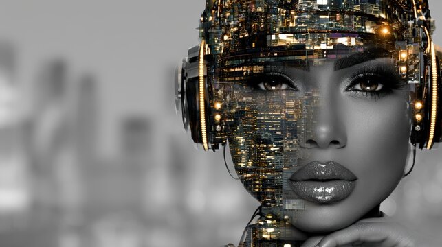 Human face half-morphed into sleek modern concrete pillar with warm glowing light strips and soft neutral grey background on the left.