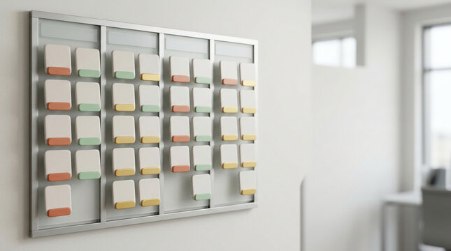 3D minimalist kanban task board with ceramic cards and status tags on bright office copy space background