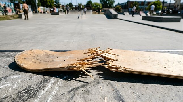 Broken skateboard deck lying on concrete at outdoor public skate park