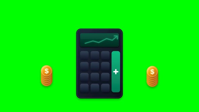Wealth calculator pressing plus button with flying gold dollar coins landing on money stacks green screen chroma key 4k animation