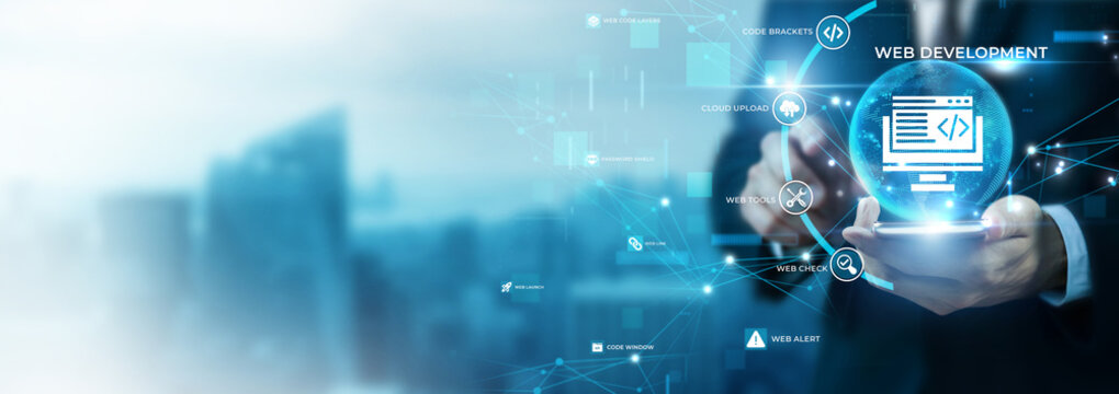 Businessman Using Phone for Web Development and Global Data Analysis. Frontend Backend Programming, Custom Website Engineering, Full Stack Coding, Digital UI UX Design