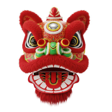 Vibrant red lion dance mask with intricate gold patterns, detailed fur, expressive eyes, and a wide open mouth on a clean white background