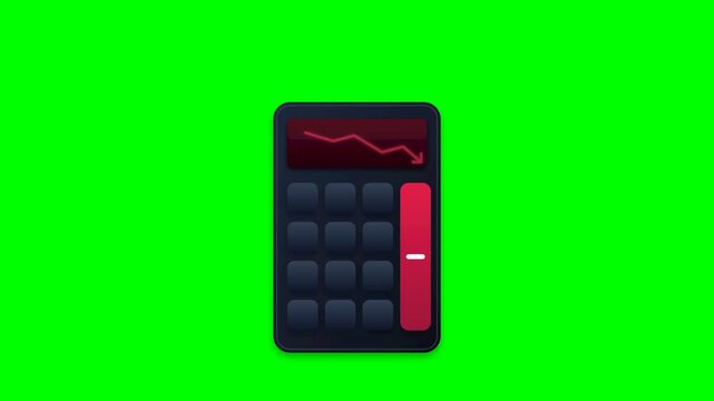 Financial loss calculator pressing minus button with falling gold dollar coins and bearish chart green screen chroma key 4k animation