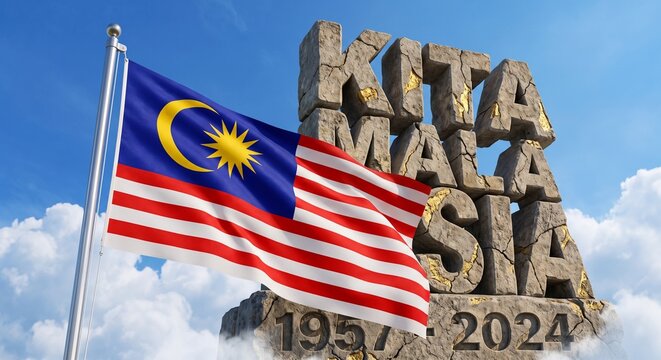 Kita Malaysia 1957-2024 Stone Typography with Waving Flag