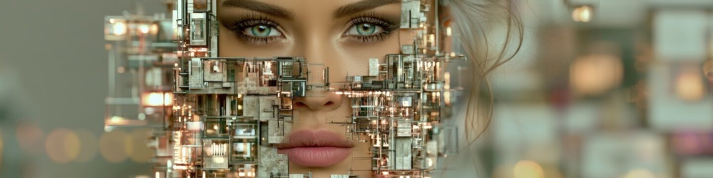 Human face half-morphed into sleek modern concrete pillar with warm glowing light strips and soft neutral grey background on the left.