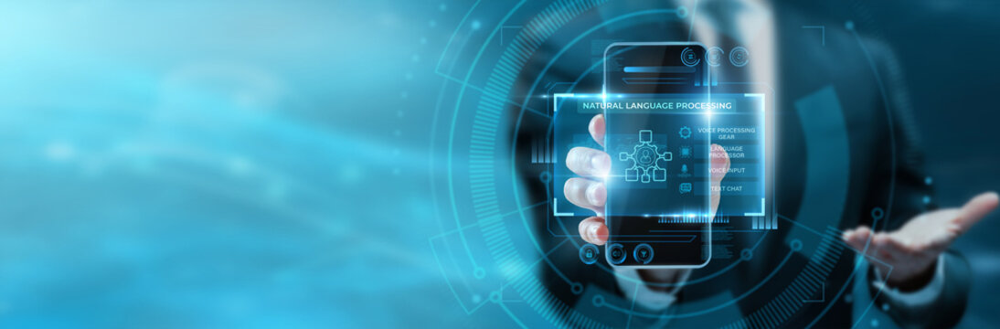 NLP developer hand hold phone with Natural Language Processing interface. AI text processing algorithm app, language parsing dashboard, voice recognition screen, NLP tech concept