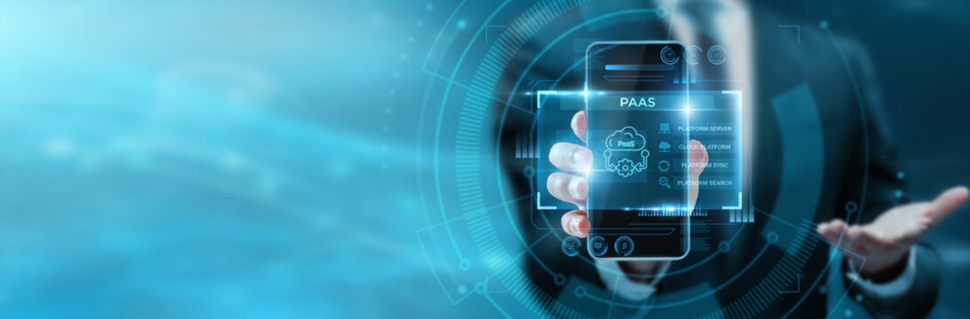 Cloud developer hand hold phone with PaaS interface. Cloud platform development environment app, application deployment dashboard, software PaaS hosting screen, IT developer tool