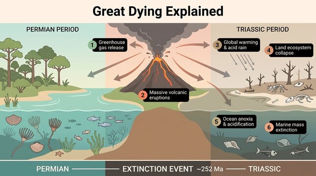 Diagram explaining the great dying mass extinction event during the permian and triassic geological periods with permian period volcanic eruption prehistoric earth