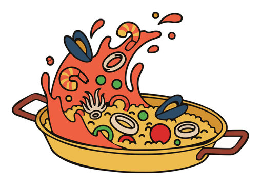 Seafood paella pan with splash vector illustration. Generative AI