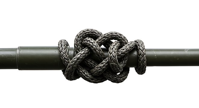 Complex Knot Tied with Thick Rope on Metal Bar in Black and White