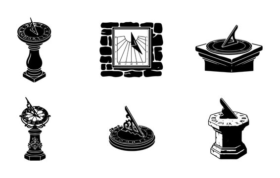 70 Vintage Sundial Icons Collection, Antique Timekeeping Devices, Classic Garden Ornaments, Retro Astronomical Instruments, Set of 6 Vector Illustrations 100