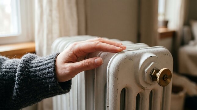 Person wearing grey knitted sweater touching old white vintage radiator in room during winter season to check warmth and comfort levels within home interior dwelling space.